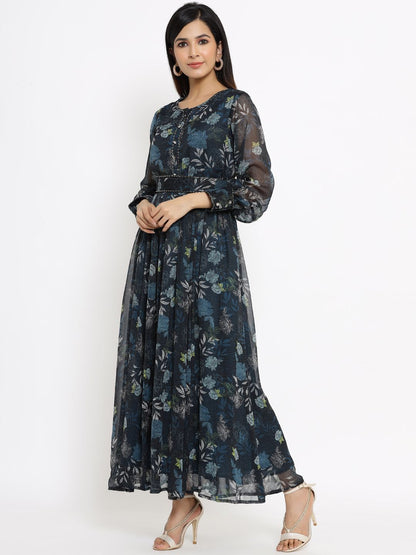 Women's Flared Printed Dress With Tie-up Blet