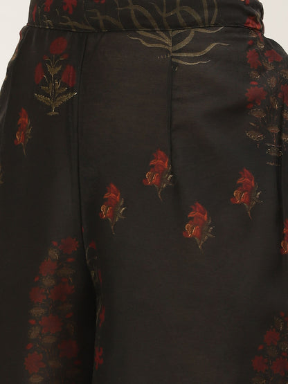 Women's Orange Color Chanderi Silk Floral A-Line Digital Printed Kurta Palazzo Set