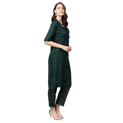 Women's Green Rayon Solid Half Sleeve Casual Kurta Palazzo