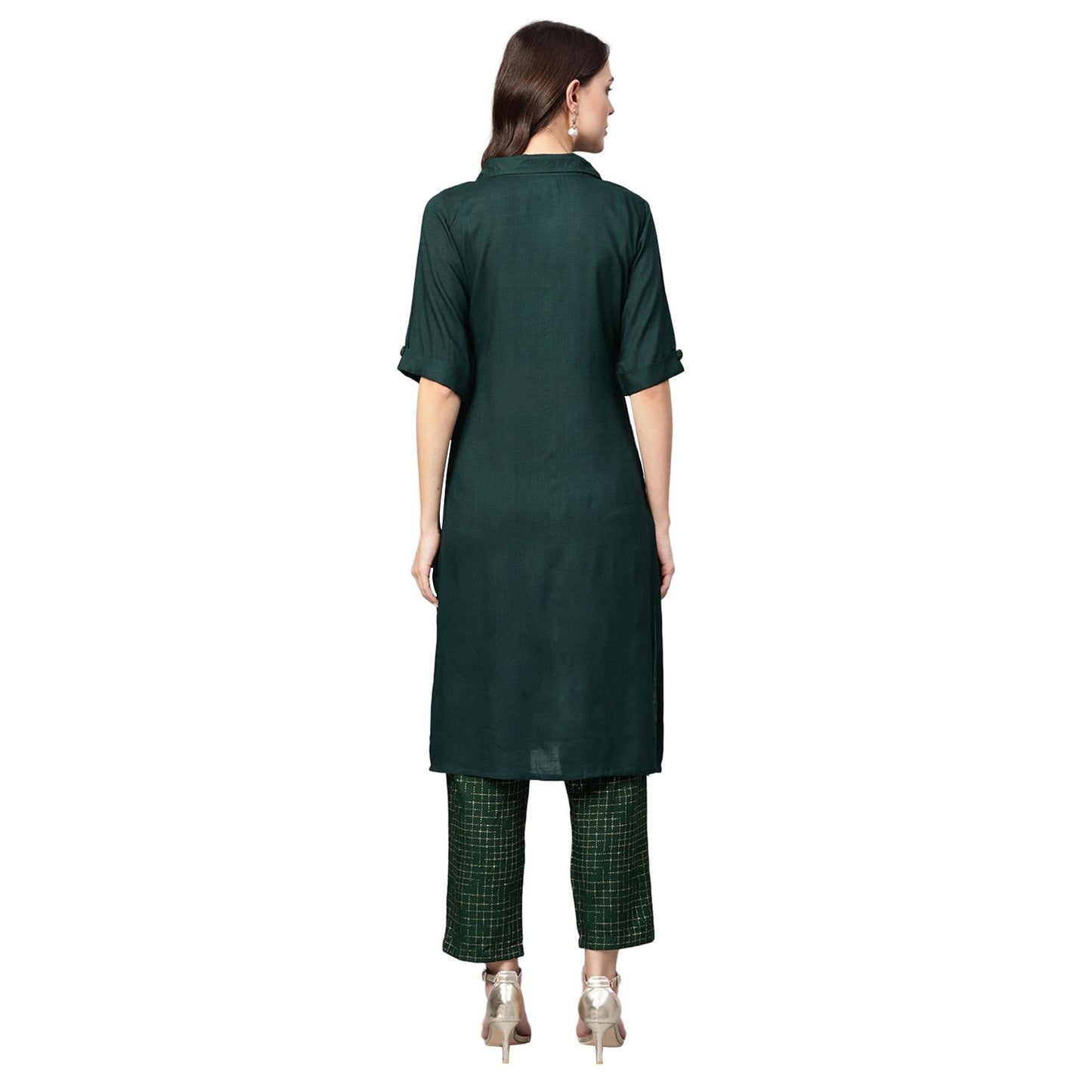Women's Green Rayon Solid Half Sleeve Casual Kurta Palazzo