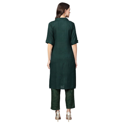 Women's Green Rayon Solid Half Sleeve Casual Kurta Palazzo