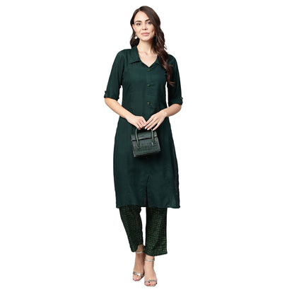 Women's Green Rayon Solid Half Sleeve Casual Kurta Palazzo