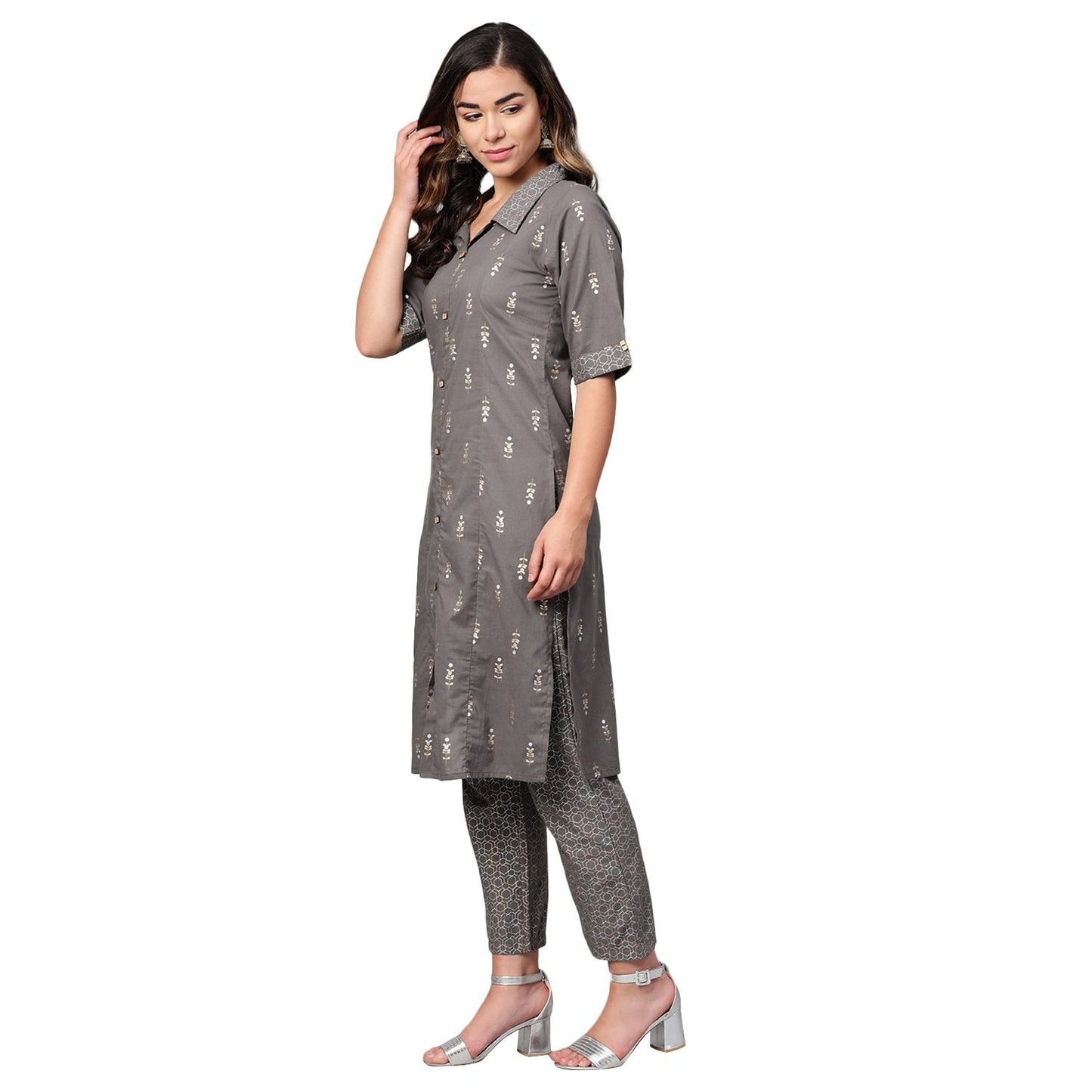 Women Grey Cotton Kurta Palazzo Set by Myshka (