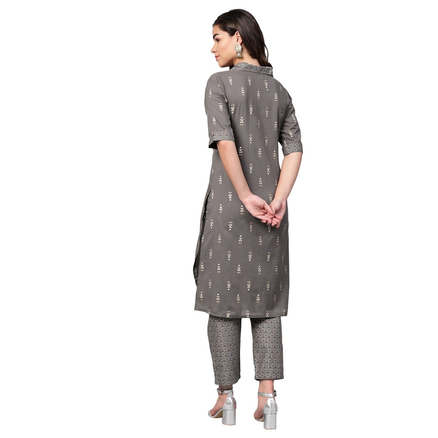 Women Grey Cotton Kurta Palazzo Set by Myshka (