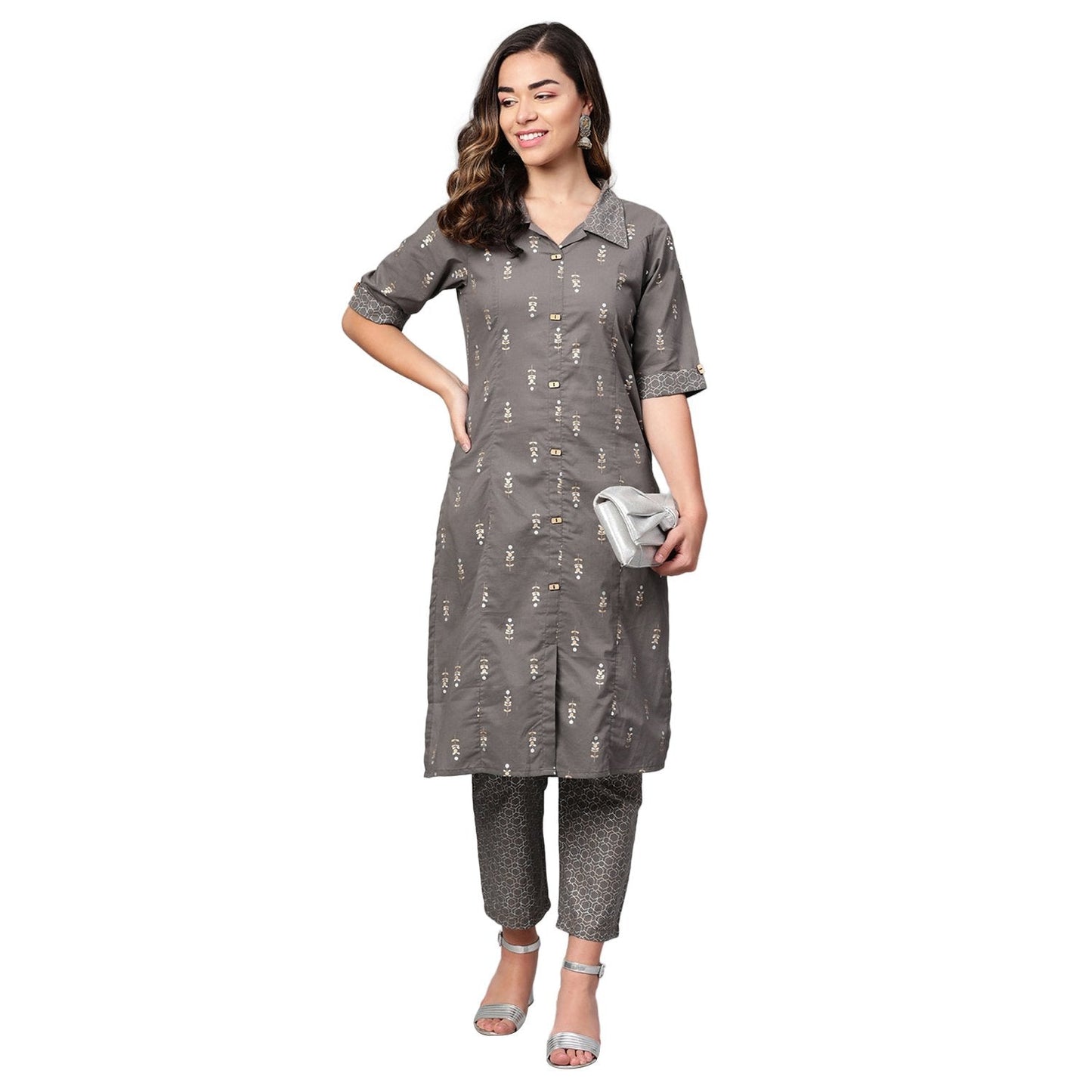 Women Grey Cotton Kurta Palazzo Set by Myshka (