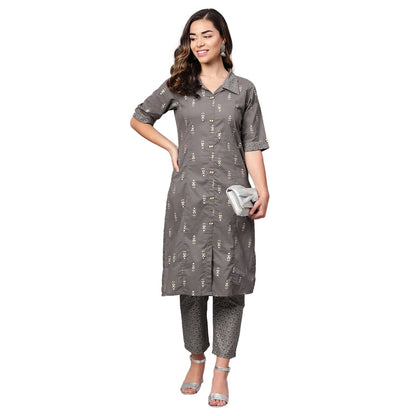 Women Grey Cotton Kurta Palazzo Set by Myshka (