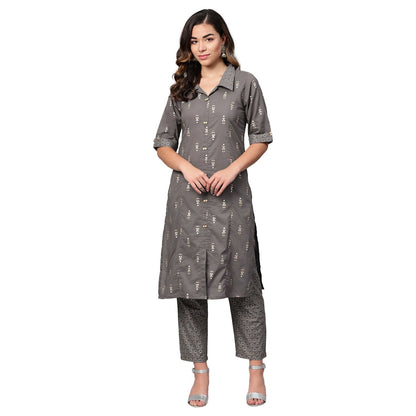 Women Grey Cotton Kurta Palazzo Set by Myshka (