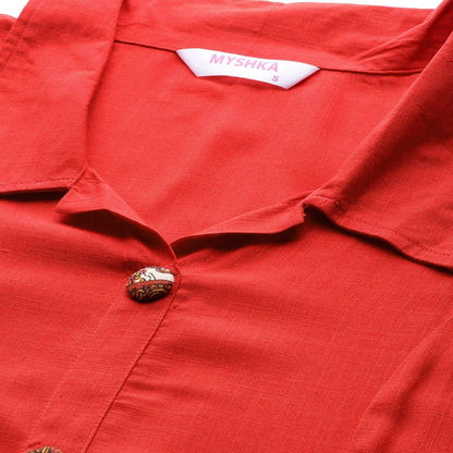 Women's Red Rayon Solid Half Sleeve Casual Kurta Palazzo