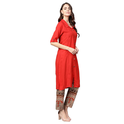 Women's Red Rayon Solid Half Sleeve Casual Kurta Palazzo