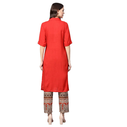 Women's Red Rayon Solid Half Sleeve Casual Kurta Palazzo