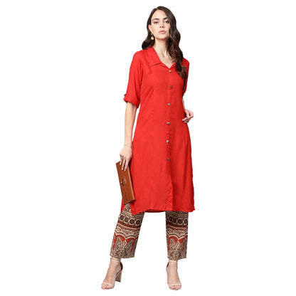 Women's Red Rayon Solid Half Sleeve Casual Kurta Palazzo
