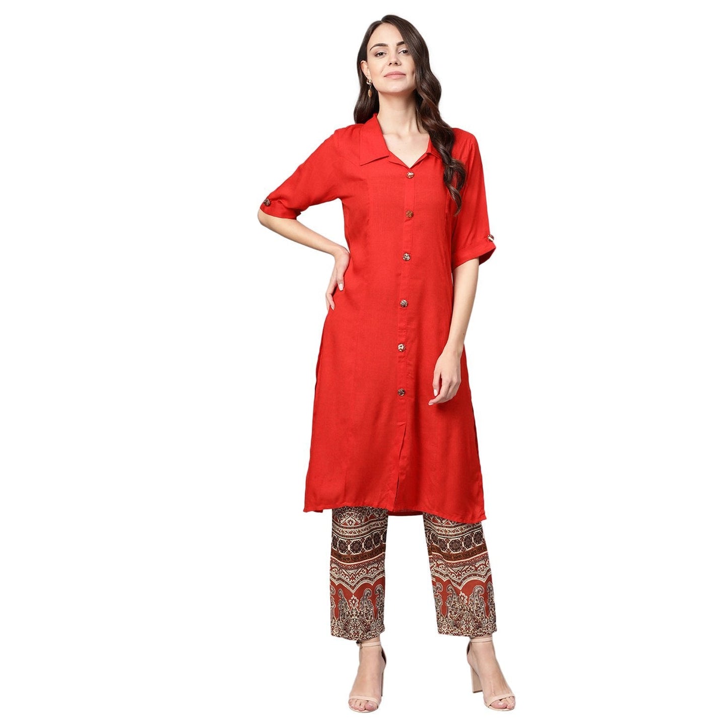 Women's Red Rayon Solid Half Sleeve Casual Kurta Palazzo
