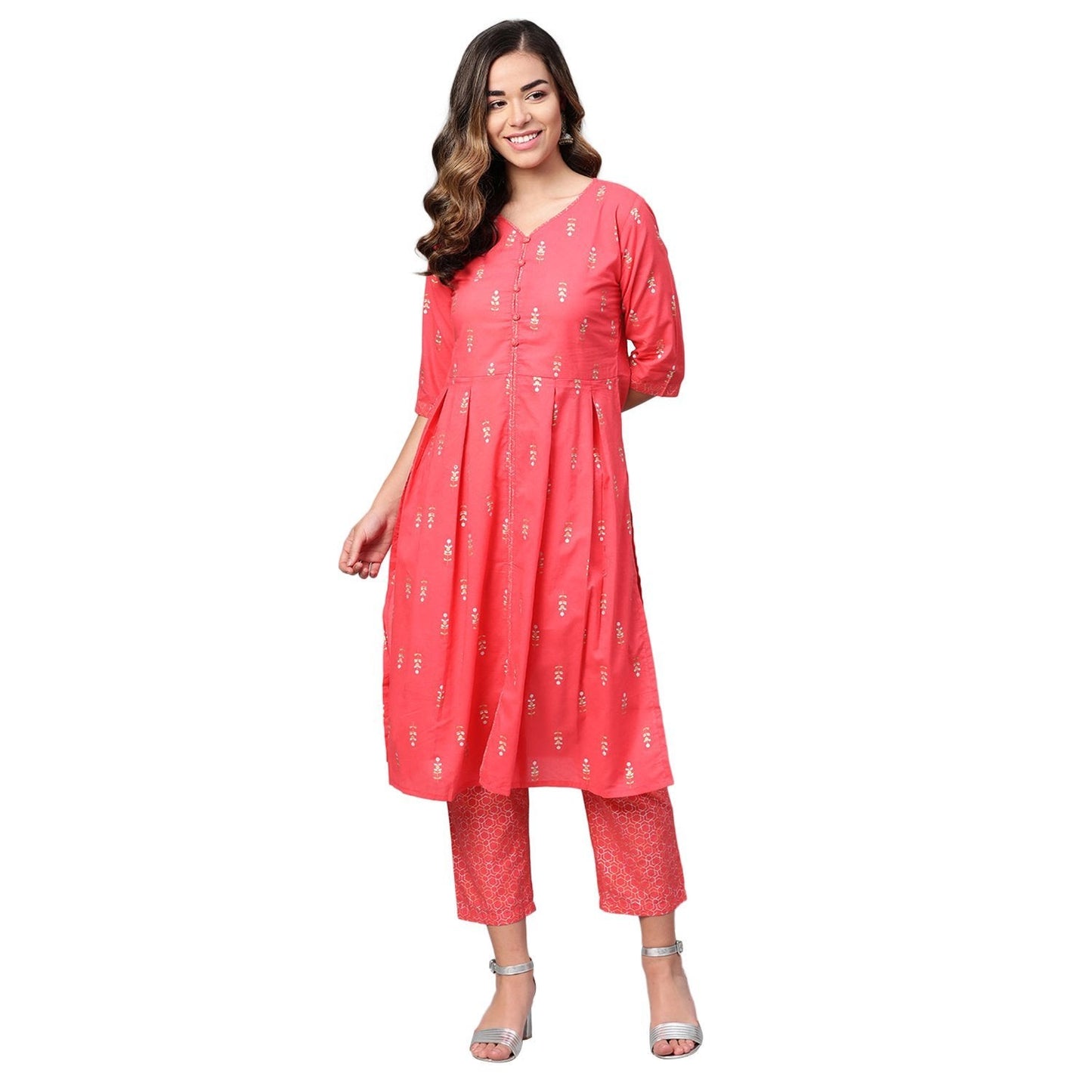 Women Pink Cotton Kurta Palazzo Set by Myshka (