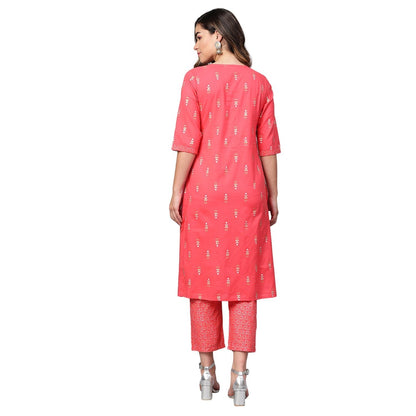 Women Pink Cotton Kurta Palazzo Set by Myshka (