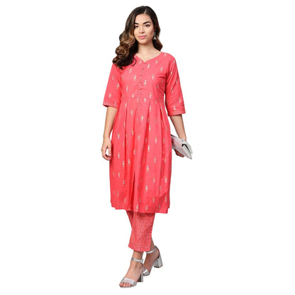 Women Pink Cotton Kurta Palazzo Set by Myshka (