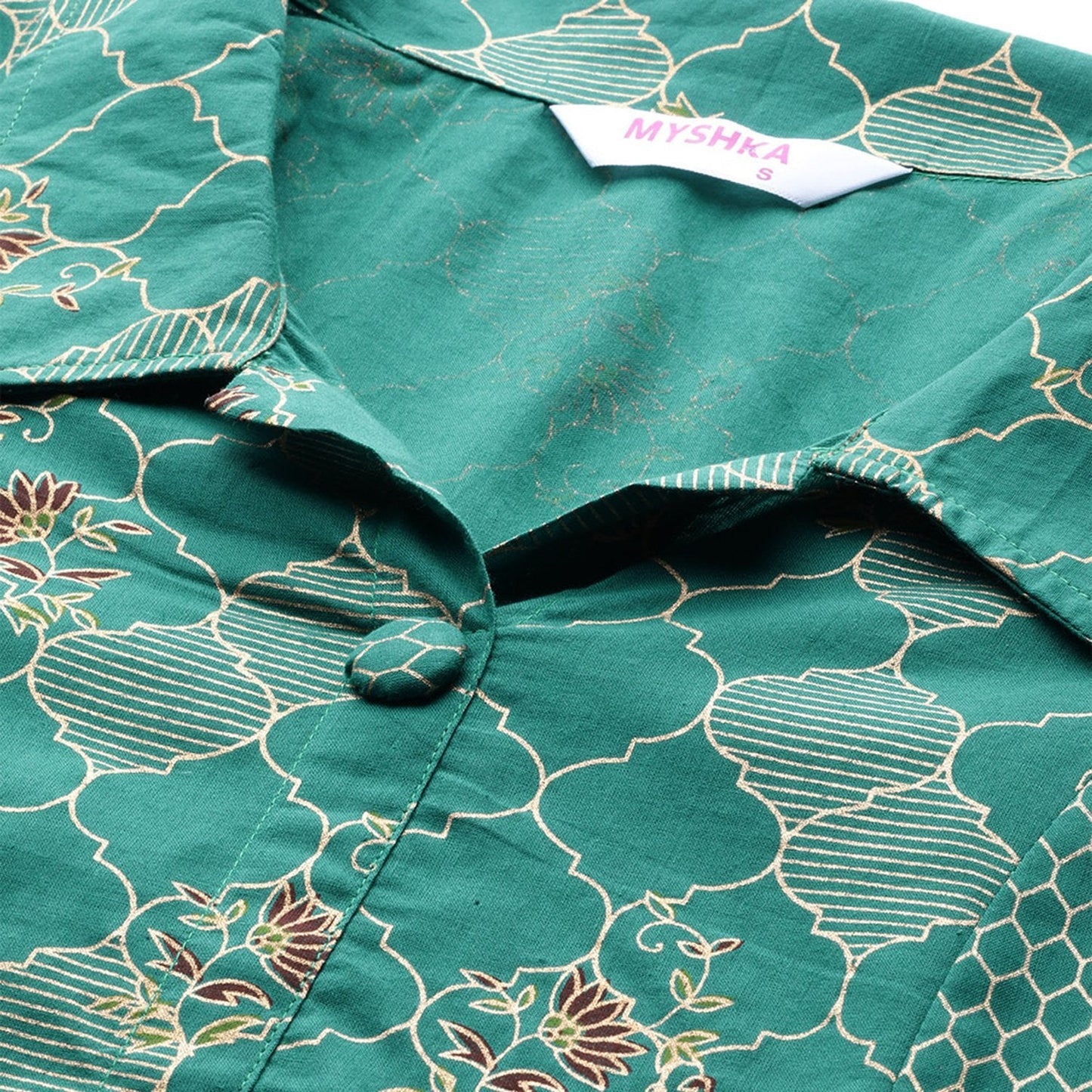 Women Green Cotton Printed Kurta Palazzo set by Myshka (