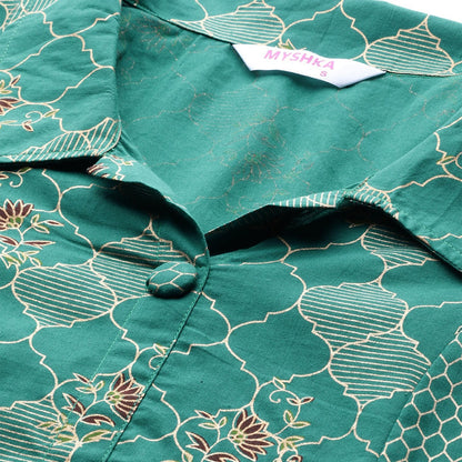 Women Green Cotton Printed Kurta Palazzo set by Myshka (