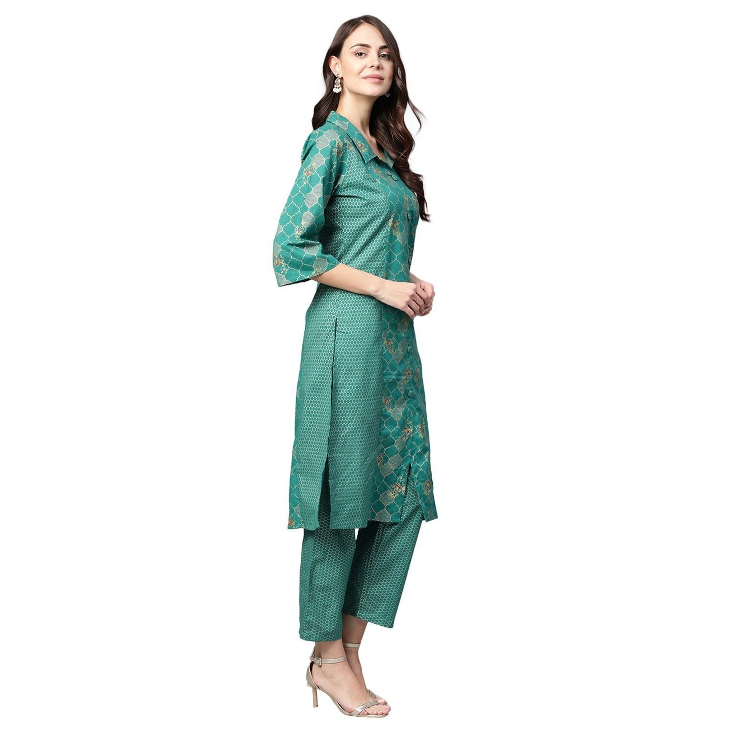 Women Green Cotton Printed Kurta Palazzo set by Myshka (