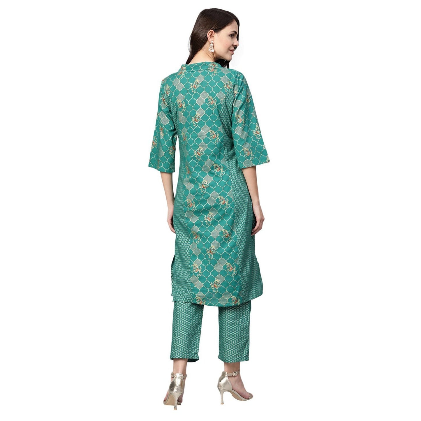 Women Green Cotton Printed Kurta Palazzo set by Myshka (