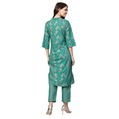 Women Green Cotton Printed Kurta Palazzo set by Myshka (