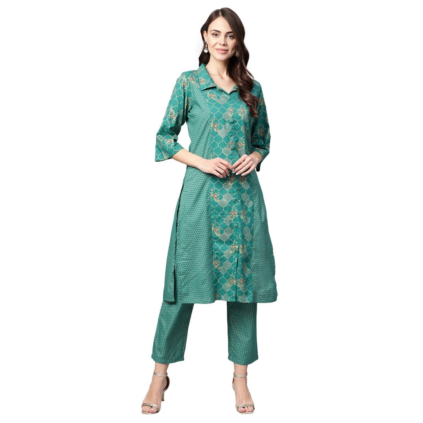 Women Green Cotton Printed Kurta Palazzo set by Myshka (