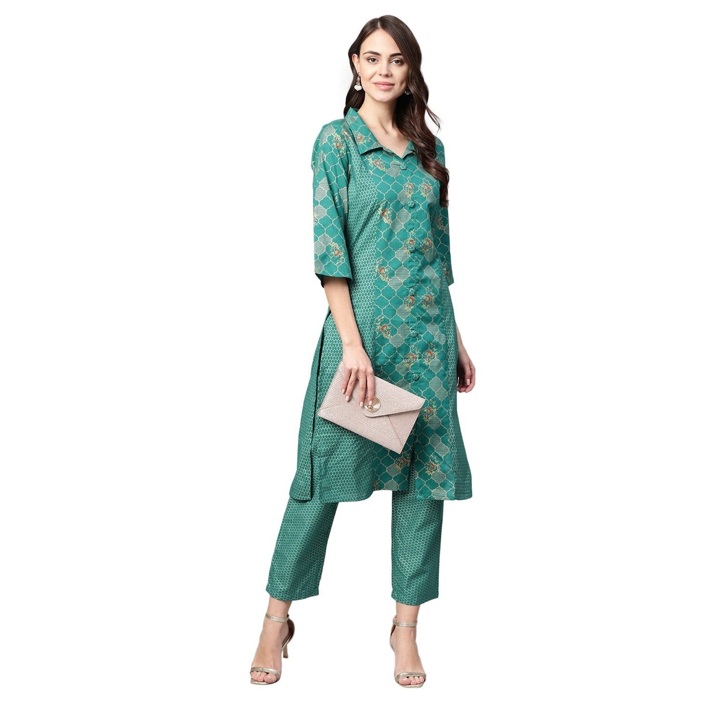Women Green Cotton Printed Kurta Palazzo set by Myshka (