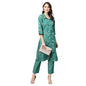 Women Green Cotton Printed Kurta Palazzo set by Myshka (