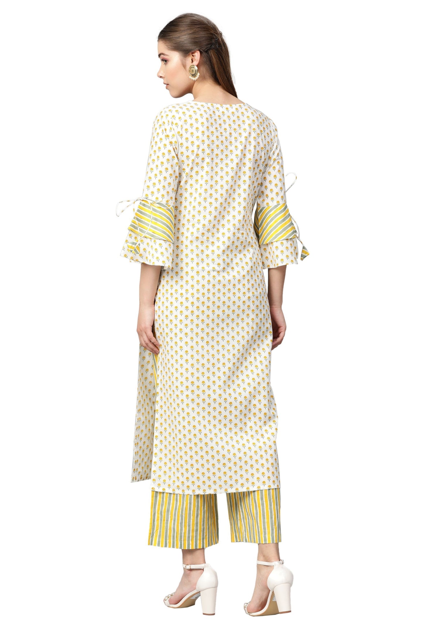 Women's Multi Cotton Printed Full Sleeve Round Neck Casual Kurta Palazzo Set