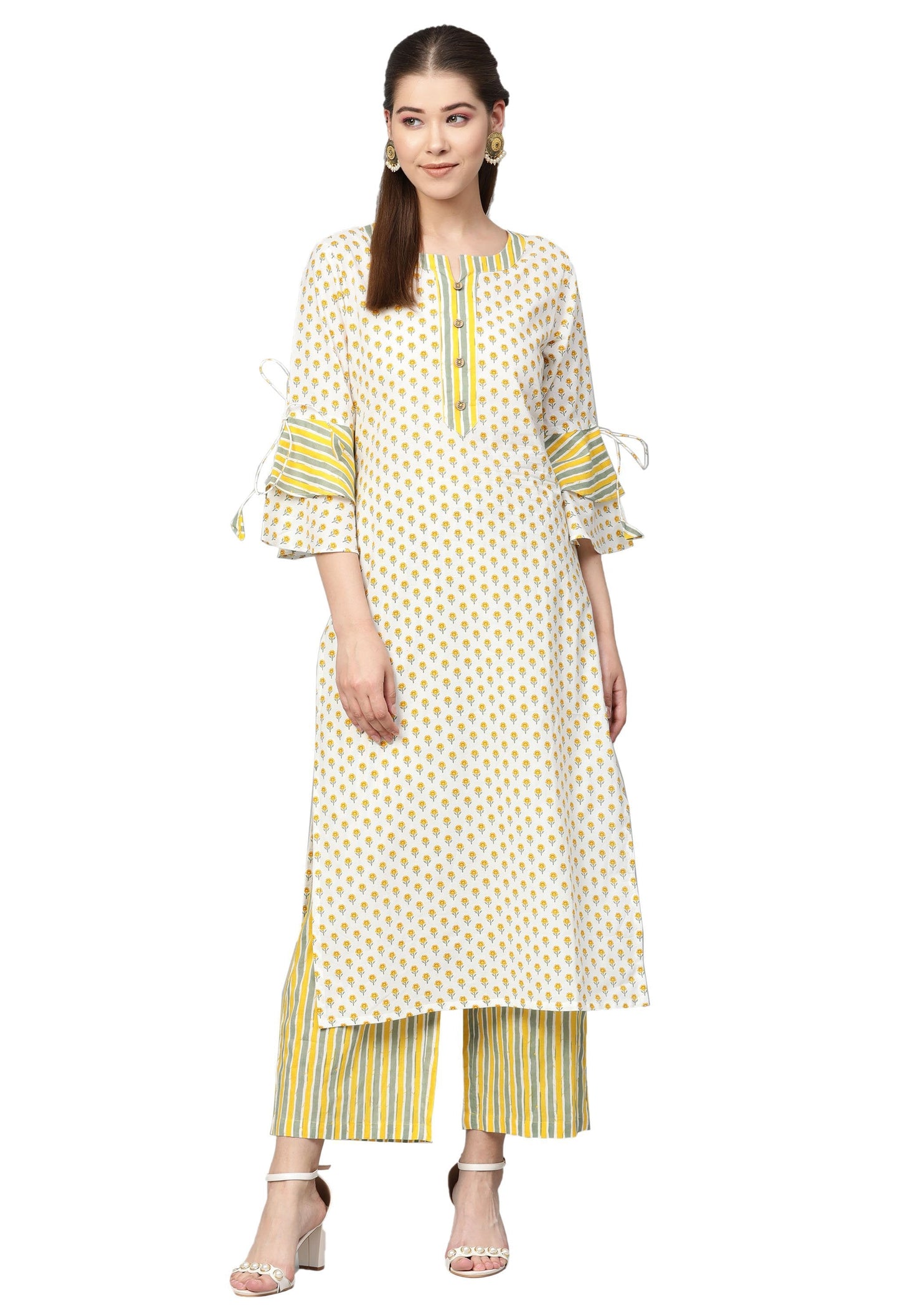 Women's Multi Cotton Printed Full Sleeve Round Neck Casual Kurta Palazzo Set