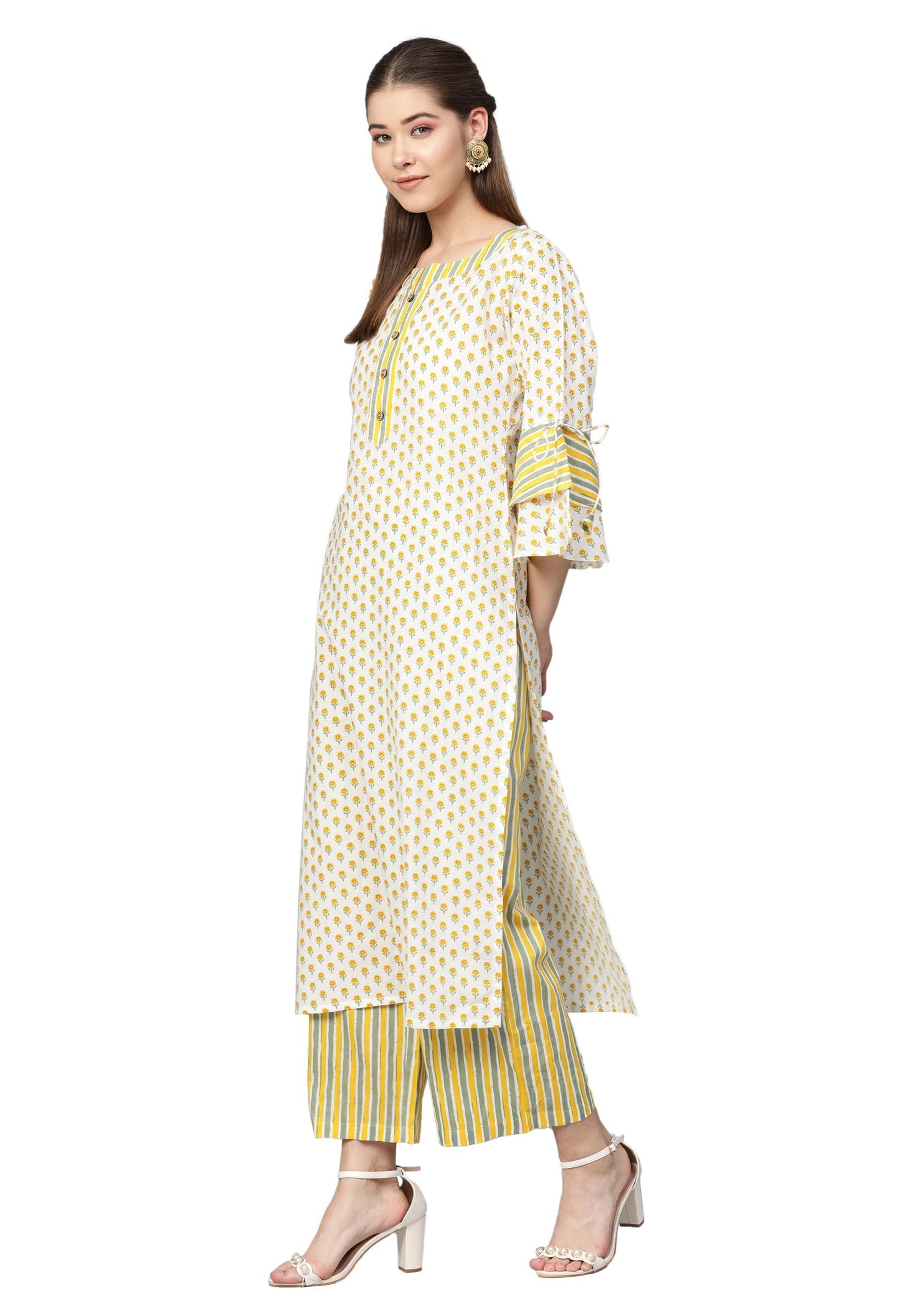 Women's Multi Cotton Printed Full Sleeve Round Neck Casual Kurta Palazzo Set