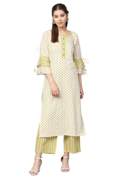 Women's Multi Cotton Printed Full Sleeve Round Neck Casual Kurta Palazzo Set