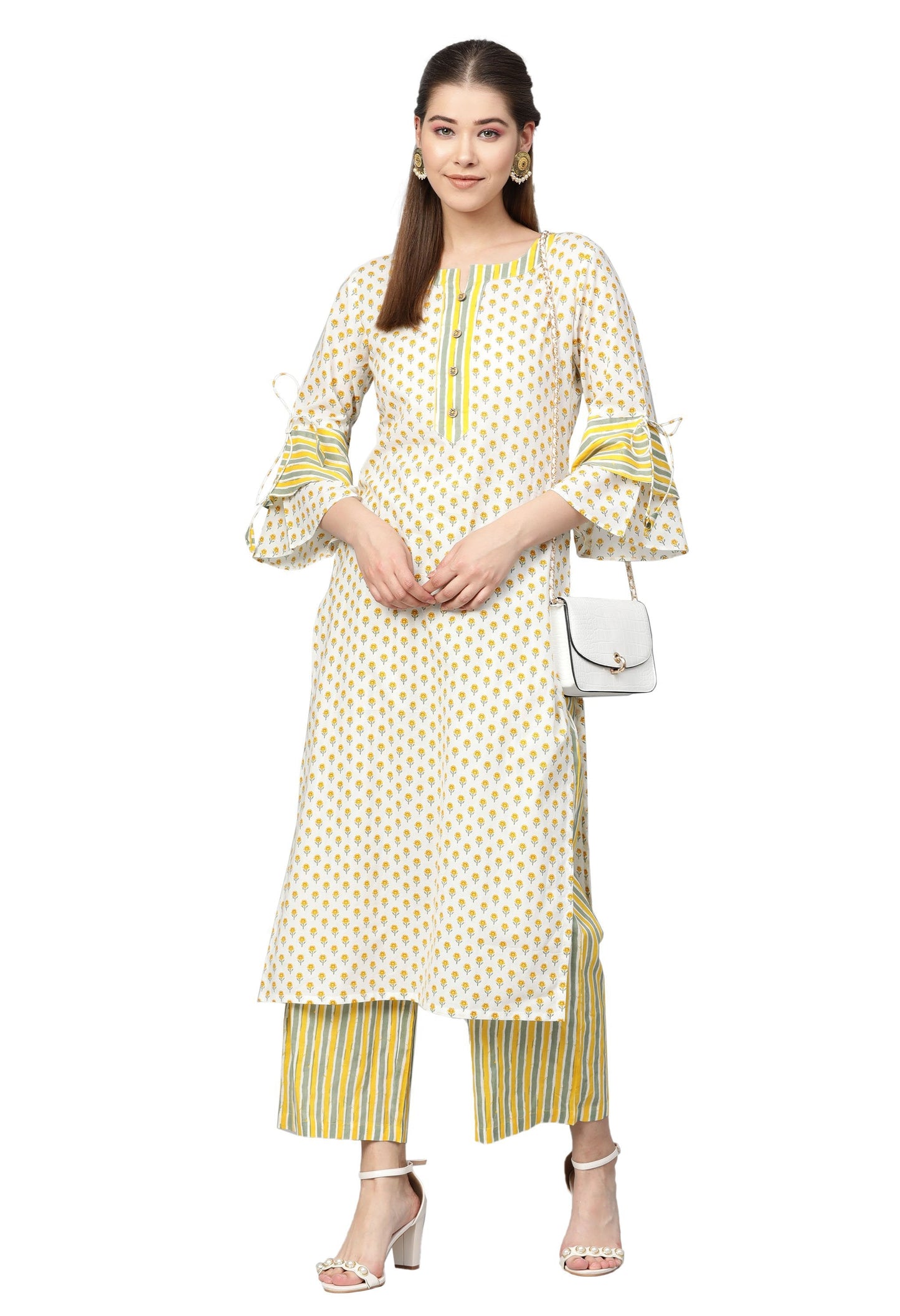 Women's Multi Cotton Printed Full Sleeve Round Neck Casual Kurta Palazzo Set