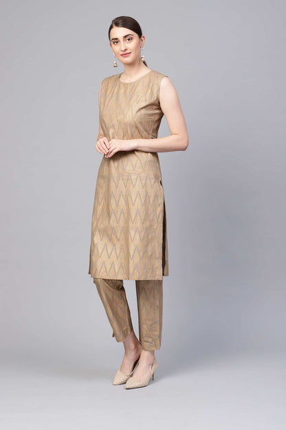 Women's Gold Cotton Sleeveless Round Neck Printed Kurtas Palazzo Set
