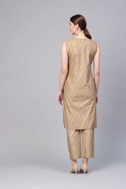 Women's Gold Cotton Sleeveless Round Neck Printed Kurtas Palazzo Set