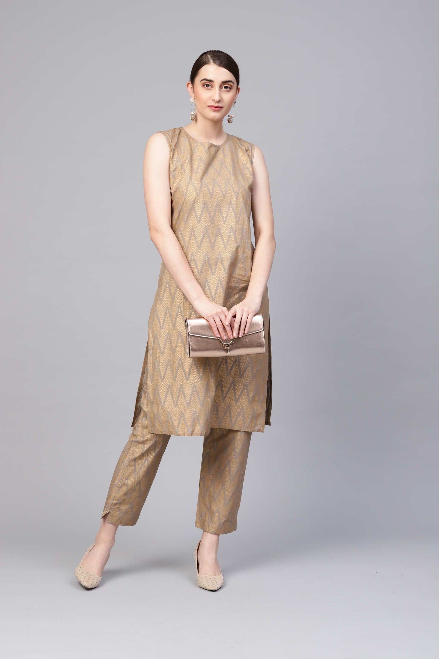 Women's Gold Cotton Sleeveless Round Neck Printed Kurtas Palazzo Set