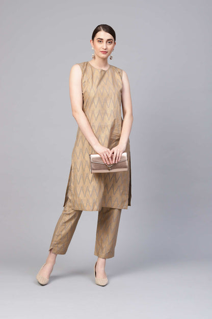Women's Gold Cotton Sleeveless Round Neck Printed Kurtas Palazzo Set