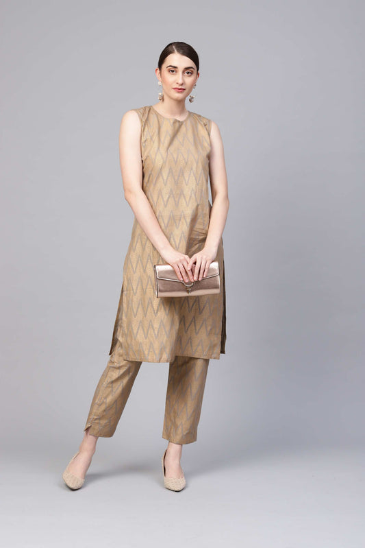 Women's Gold Cotton Sleeveless Round Neck Printed Kurtas Palazzo Set
