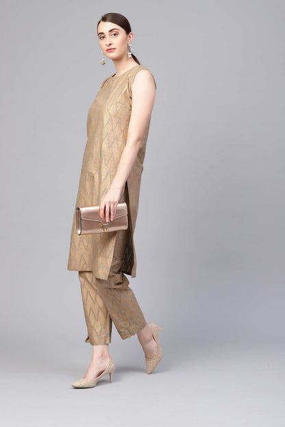 Women's Gold Cotton Sleeveless Round Neck Printed Kurtas Palazzo Set