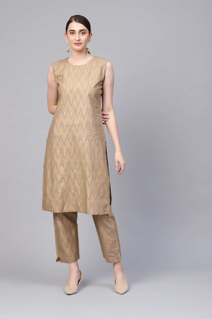 Women's Gold Cotton Sleeveless Round Neck Printed Kurtas Palazzo Set