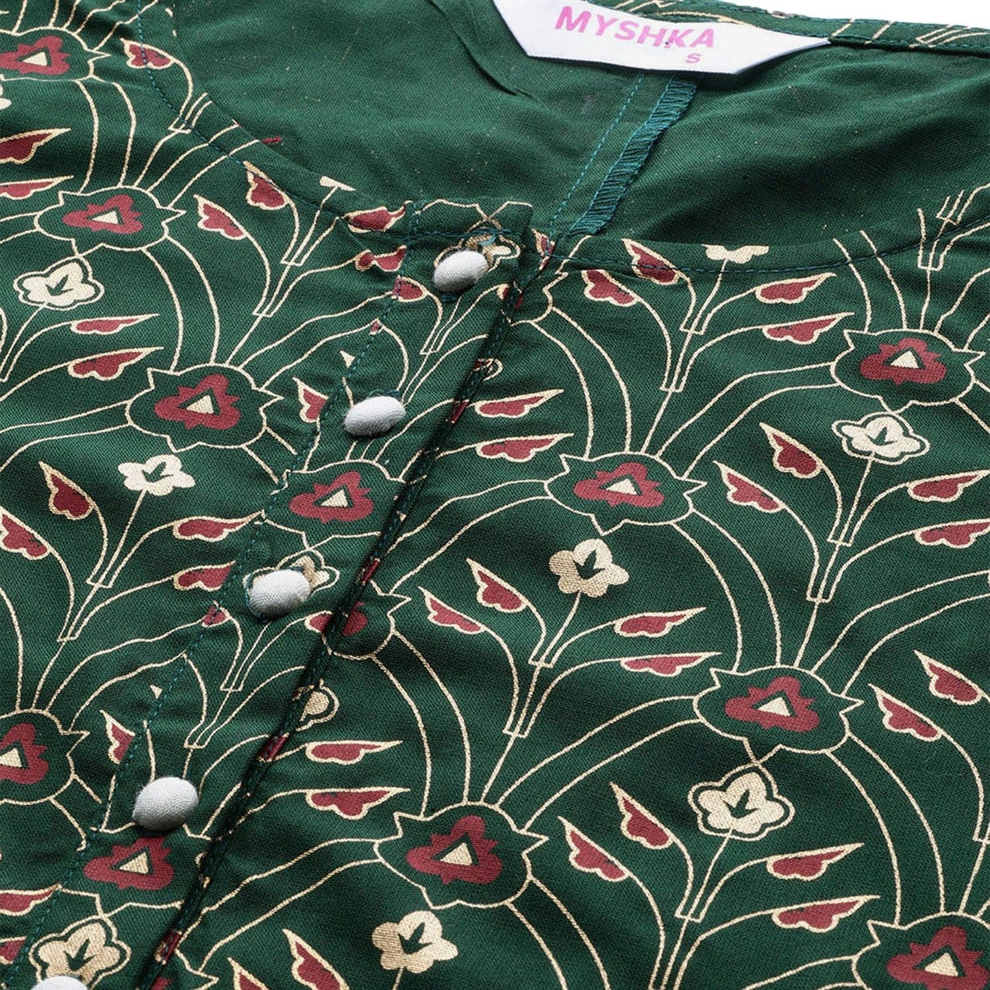 Women's Green Cotton Printed Half Sleeve Casual Kurta Skirt Set