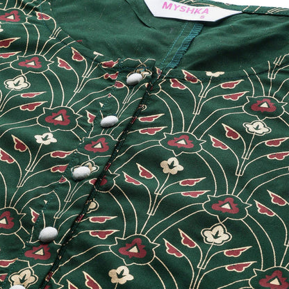 Women's Green Cotton Printed Half Sleeve Casual Kurta Skirt Set