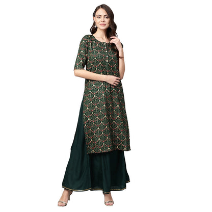 Women's Green Cotton Printed Half Sleeve Casual Kurta Skirt Set