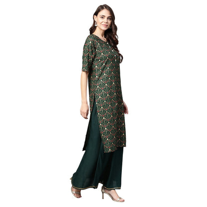 Women's Green Cotton Printed Half Sleeve Casual Kurta Skirt Set
