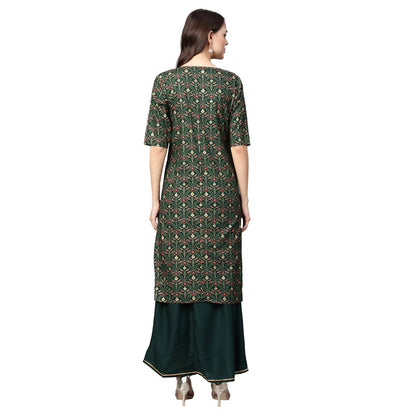 Women's Green Cotton Printed Half Sleeve Casual Kurta Skirt Set