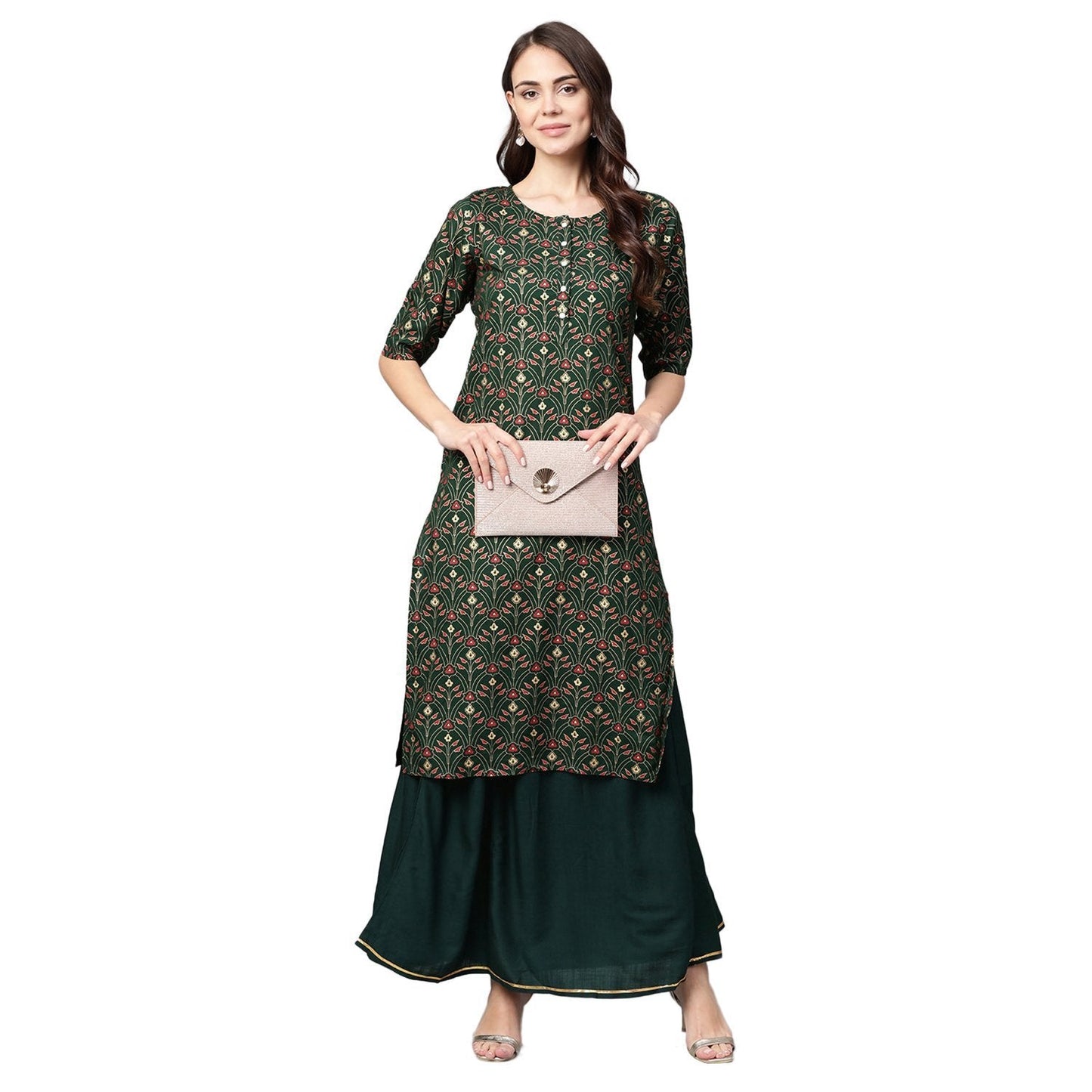 Women's Green Cotton Printed Half Sleeve Casual Kurta Skirt Set
