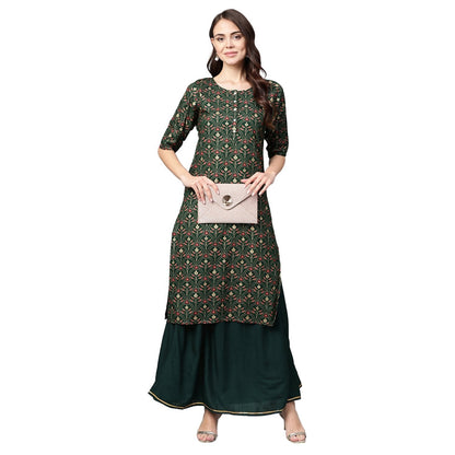 Women's Green Cotton Printed Half Sleeve Casual Kurta Skirt Set