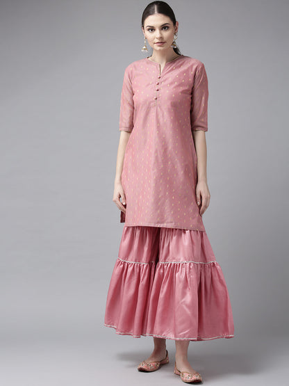 Women's Pink And Golden Self Design Kurta With Sharara