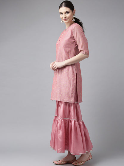 Women's Pink And Golden Self Design Kurta With Sharara