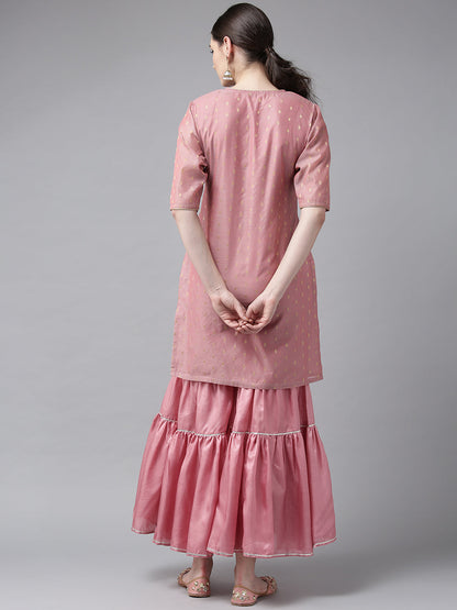 Women's Pink And Golden Self Design Kurta With Sharara