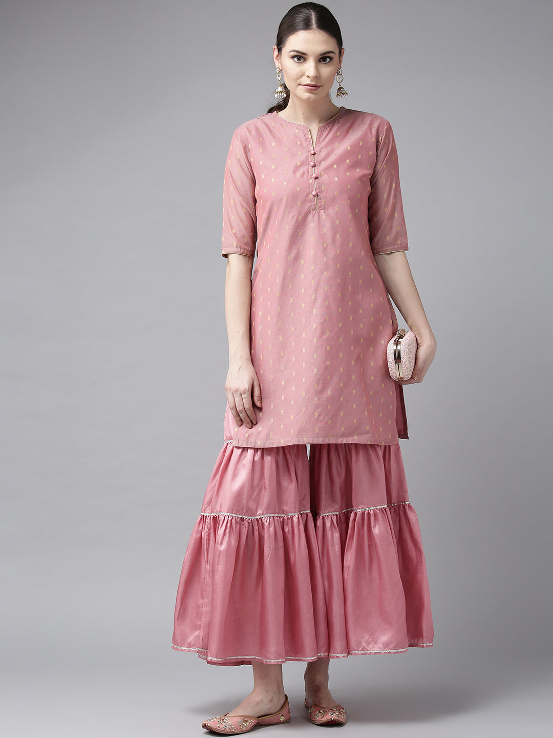 Women's Pink And Golden Self Design Kurta With Sharara